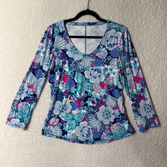 T by Talbots Womens Size M Roll Tab Top Bamboo Floral Colorful UPF Protection - Picture 1 of 10